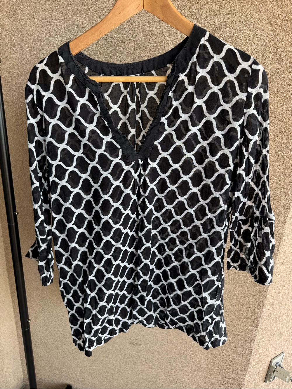 Vintage Black & White Lattice Print Sheer Beach Cover-Up Tunics Top Size M